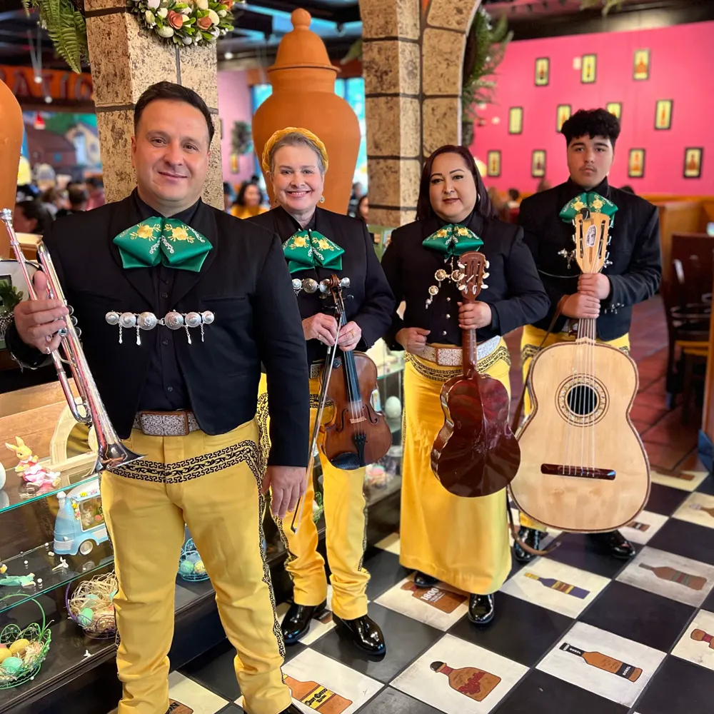 Cuatro integrantes del mariachi con chaqueta negra y pantalón amarillo, con trompeta, violín, vihuela y guitarrón